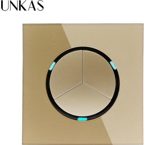 UNKAS 2019 New Arrival Gold Crystal Glass Panel 3 Gang 1 Way Random Click On / Off Wall Light Switch With LED Indicator