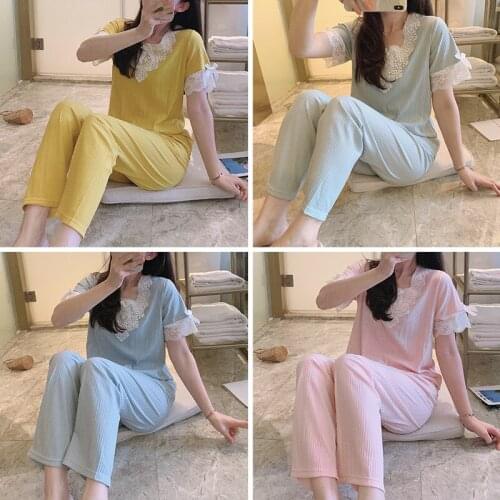 Pajamas Womens Summer Short Sleeve Trousers Lace Princess Sweet Cotton Sleepwear Loose Pit Strip Thin Home Suit Nightwear