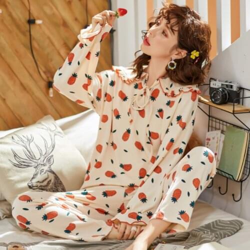 Plus Size Women Sleepwear Princess Style Pajama Set Spring Nightgown Lapel Loose Version Pyjamas Cotton Nighty Cartoon