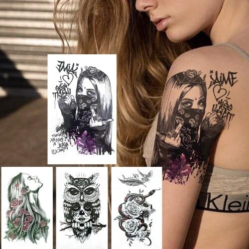 Masked Gangster Letter Realistic Fake Tattoos For Women Female Owl Unique Temporary Tattoo For Men Paste 3D Animal Tattoos Paper
