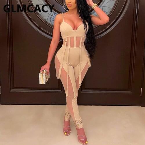 Spaghetti Strap Mesh Insert Slim Jumpsuit Sexy Party Club Overalls