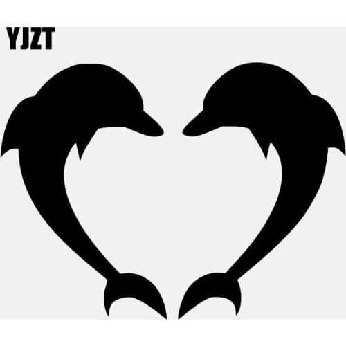 YJZT 9CM*13.7CM*2 Dolphin Heart Fishing Vinyl Decal Car Sticker Black/Silver C24-0471