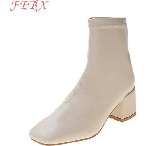 Women Ankle Boots Square Toe PU Leather Chunky Heels Shoes Ladies Chelsea Boots Female High Quality Short Boot Autumn Footwear