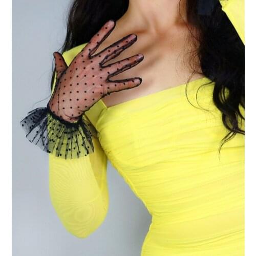 LACE SHORT GLOVES Female Ruffle Trim Layer Tulle Mesh Semi Sheer TECH Black Polka Dot Women Gloves Touchscreen WWS12