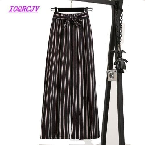 Large size Chiffon Cropped trousers Womens Summer Thin Black White Stripes Wide leg pants High waist Straight casual pants B060