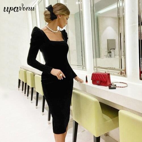 Free Shipping 2021 New Womens Black Velvet Dress Elegant Square Neck Bubble Long Sleeve Bodycon Midi Dress Club Party Vestidos