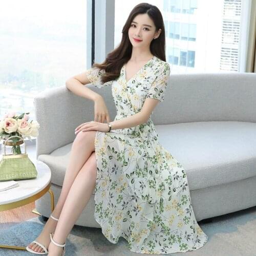 New summer Floral Print Women Dress Lace Up Female Pleated Dress Summer Party Midi Chiffon2021