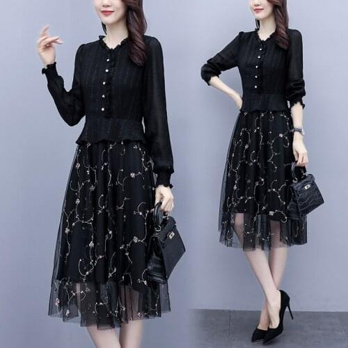 Fashion 2021 Autumn Long Sleeve Dress Elegant Peplum Party A-Line Skater Mesh Patchwork Office Ladies Work Wear Dress For Woman