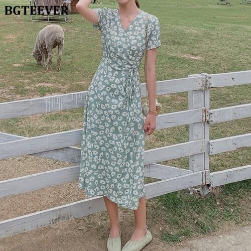 BGTEEVER Vintage Women Chiffon Dress V-neck Short Sleeve Floral Print Midi Dress Female Slim Waist Lace-up A-line Vestidos femme