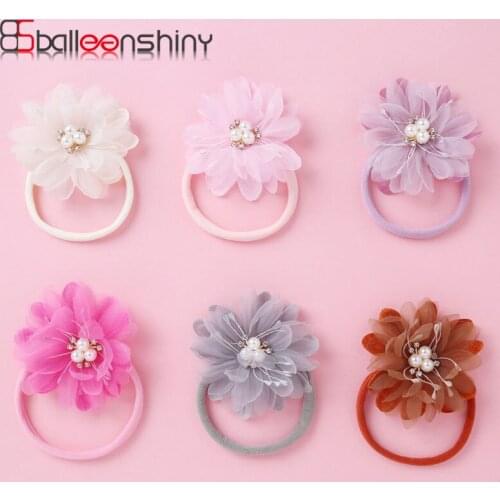 Balleenshiny 6colors Non-marking Elastic Hair Tie Rhinestone Pearl Mesh Sun Flower Baby Girl Headband Lovely Princess Hair Band