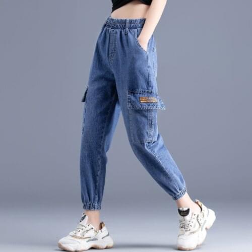 Baggy Jeans Cargo Pants Women Capri Cargo Pants Womens Elastic Waist Jeans Blue 2020 Autumn New Harem Pants Denim Joggers Women