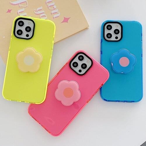 Cute Flower Stand Holder Phone Case For iPhone 11 12 Pro Max XS XR X 7 8 Plus SE Fluorescent Color Ins Style Clear Soft Cover