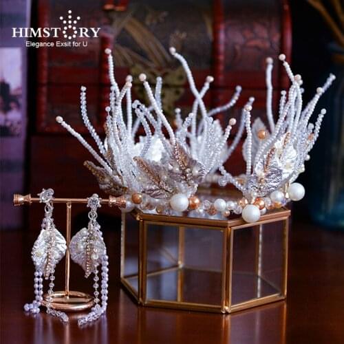 European Vintage Silver Baroque Leaves Brides Tiaras Crown Handmade Beaded Pearl Wedding Hair Accessory Prom Headdress