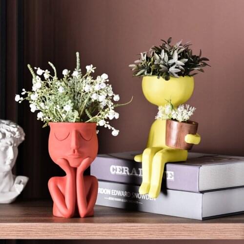 Humanoid Ceramic Flower Pot Character Sitting Posture Sculpture Vase Desktop Flower Arrangement Container Couple Gift Ornaments