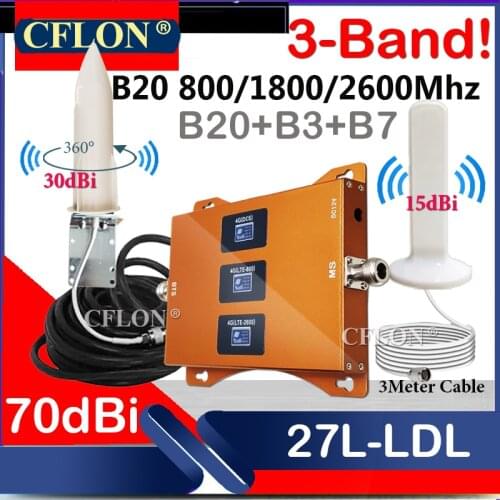 HOT!! 4G Cellular Booster Tri-Band B20 800 1800 2600Mhz CellPhone Cellular Amplifier GSM Repeater 2G3G4G Signal Booster Repeater