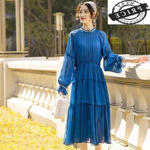 Quality 100% High Silk Spring Summer Dress 2021 Elegant Midi Dresses for Women Casual Long Sleeve Dress Vestido De Mujer