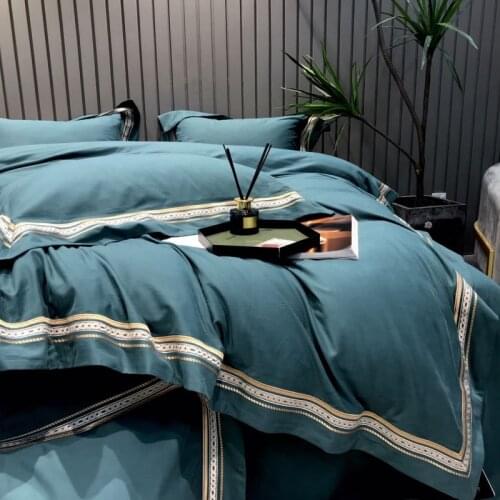 600TC Luxury Egypt Cotton Sanding Simple Bedding Set Embroidery Edge Duvet Cover Bed Sheet Pillowcases Queen King Size 4Pcs