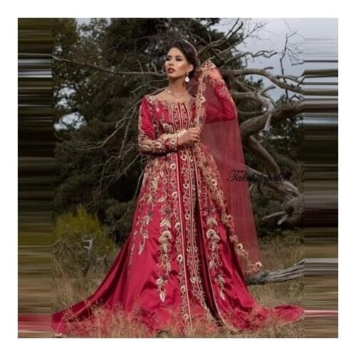 Red Moroccan Kaftan Caftan Muslim Evening Dresses A-line Long Sleeves Appliques Beading Dubai Arabic Turkey Abaya Islamic Gown
