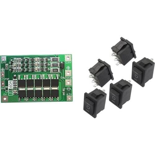 RISE-5 Pcs SPDT On/Off/On Mini Black 3 Pin Rocker Switch & 1X 3S 60A Bms Board Lithium Li-Ion 18650 Battery Protection Board