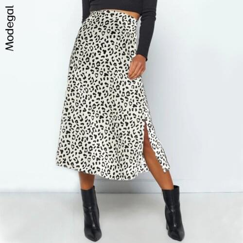 Modegal Womens Casual Leopard Print Midi Skirt Side Split Chiffon High Waist A Line Zipper Long Skirts With Slit