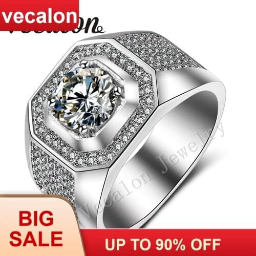 Vecalon Men Engagement Band ring Solitaire 3ct AAA Cz AAAAA Zircon stone 10KT White Gold Filled Wedding Ring for Men Sz 7-13