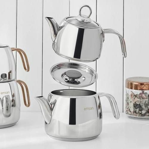 Emsan Soft Induction Based Teapot Set, Stainless Steel Tea Brewing, Self-Draining Teapot, No Spill Teapot