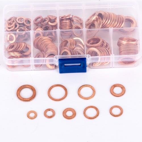 200pcs Assorted Copper Washer Gasket Set Flat Ring Seal Kit Ser M5/M6/M8/M10/M12/M14 with Plastic Box