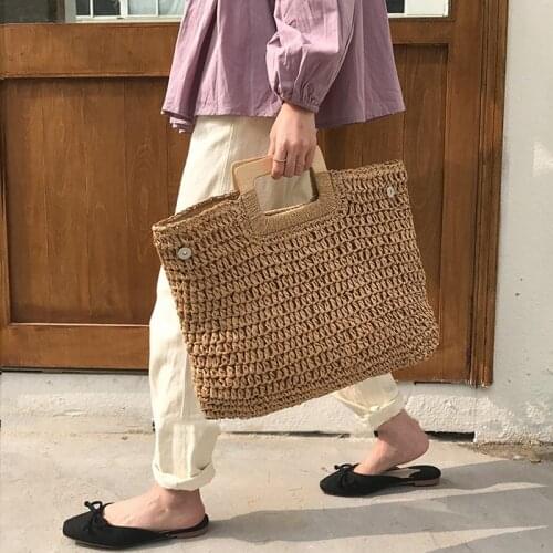 2021 New Summer Beach Women Straw Bag Casual Rattan Large Capacity Totes Wicker Woven Wooden Handbags Lady Big Travel Purses