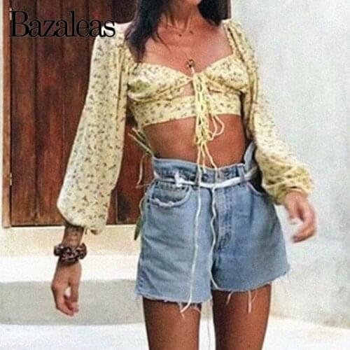 Bazaleas harajuku Blouse Chic Yellow Floral Print Crop Top Hollow Out Bandage Tie tops and blouses Vintage Crop Top