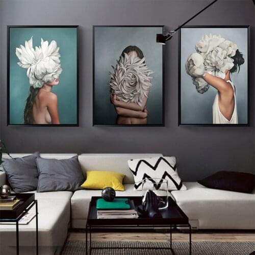 Modern Fashion Flowers Feathers Sexy Woman Canvas Painting Wall Art Print Poster Picture Decor Painting Living Room Unique Decor
