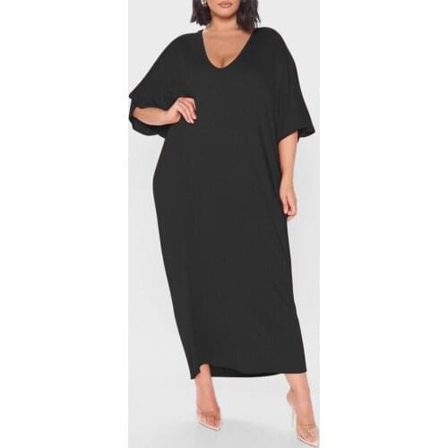 Loose Dresses for Women 2021 Plus Size Solid V Neck Short Sleeve Fashion Causal Ankle Length Daily Wear Clothes Dress Vestidos