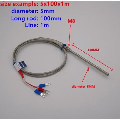 High-quality PT100 probe 2m RTD Cable Stainless Probe 100mm 3 Wires Temperature Sensor -50 C to + 400 C Thermocouple 5X100X1M