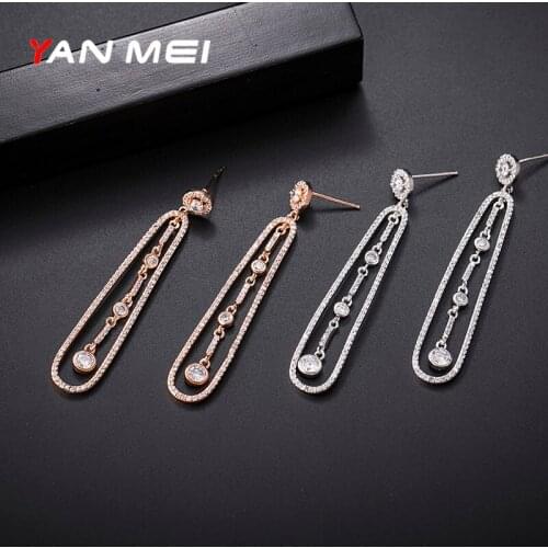 YAN MEI Fashion Long Geometric Drop Earrings Oval Hollow Pendant Luxury Zircon Ladies Party Jewelry Gift