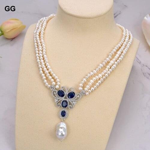 GuaiGuai Jewelry Natural White Round Pearl Necklace Keshi Baroque Pearl Blue Crystal CZ Pendant For Women