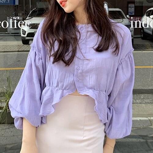 2020 Autumn New Lantern Sleeve Cotton Shirts Women Casual Single Breasted Solid Women Blouse Cardigan O Neck Ladies' Tops 10153