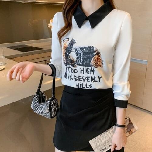 2021 Spring Summer New Lapel Women Chiffon Shirt Long Sleeve Letter Printed Top Fashion Casual lady Blouse