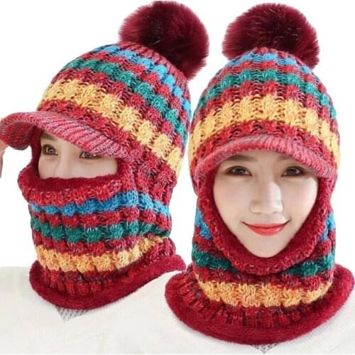 Women Winter Balaclava Beanie Hat with Visor Striped Pompom Ski Mask Neck Warmer X5XA