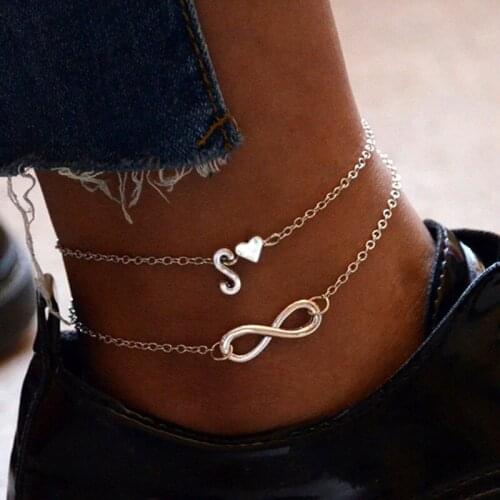 Modyle A-Z Letter Initial Anklets For Women Silver Color Heart Anklet Bracelet Alphabet Female Leg Chain Fashion Foot Jewelry