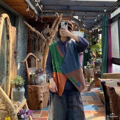 Women Spring Summer Patchwork Linen Vests Waistcoat Ladies Vintage Spliced V Neck Vest Female Flax Sleeveless Tops