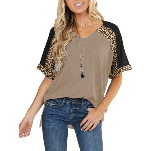 Womens Top Summer Leopard Print T-Shirts Color Matching V-Neck Half Sleeve T Shirts Womens Clothing 2021 Casual Loose Y2K Tops