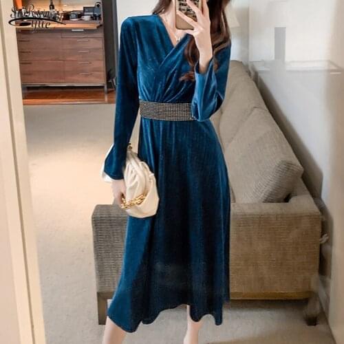 2021 Spring Diamond Party Dresses for Women French Style Elegant High Waist Slim Long Dress V-neck Winter Velvet Gentle 12555