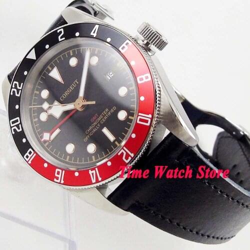 Luxury Quality 41mm Corgeut GMT men wrist watch waterproof dive pilot leather steel black dial red sapphire Automatic date 108