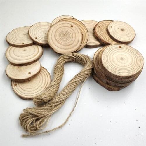50 Pcs Natural Wood Slices Pastoral Wooden Circles with Hole and 15M Hemp Rope for Arts and DIY Crafts (5-7cm) Xmas Home Decor