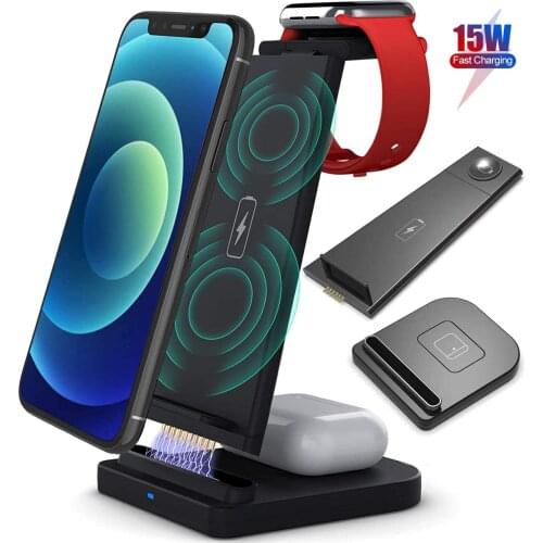 Wireless Charger Station QI 15W Fast Apple Wireless Charging Stand Dock for iPhone 12 11 8 Pro Max AirPods iWatch Samsung