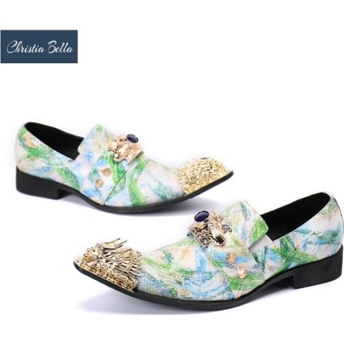 Christia Bella Designer Brand Print Men Genuine Leather Shoes Crystal Wedding Party Man Dress Shoes Fashion Formal Brogue Shoes