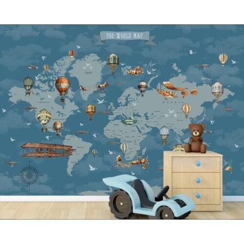 Carton Air Hot Balloons Airplane Dark Blue Background World Map Wallpaper Papier Peint Mural 3d Wall Paper for Kids Bedroom