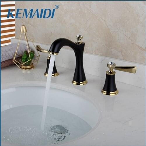 KEMAIDI Black Chrome Brass Bathroom 3 Pcs Faucet Set Deck Mounted Stream 2 Handles Diamond Bathroom Bathtub Basin Sink Mixer Tap