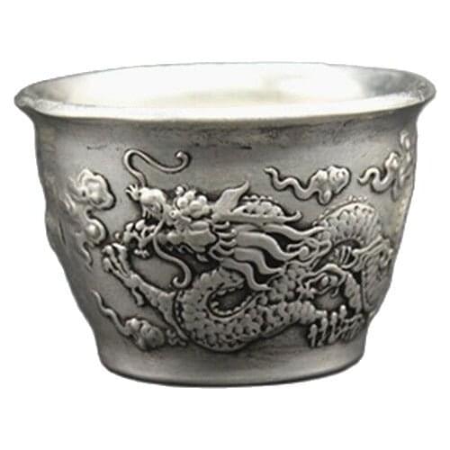 China Folk Tibet Silver WineGlass Double Dragon Opera Pattern