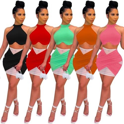 Sexy Sheer Mesh Patchwork Tracksuit Woman Two Piece Casual Outfit Suits O Neck Tanks Crop Top + Cross Mini Skirts Matching Sets
