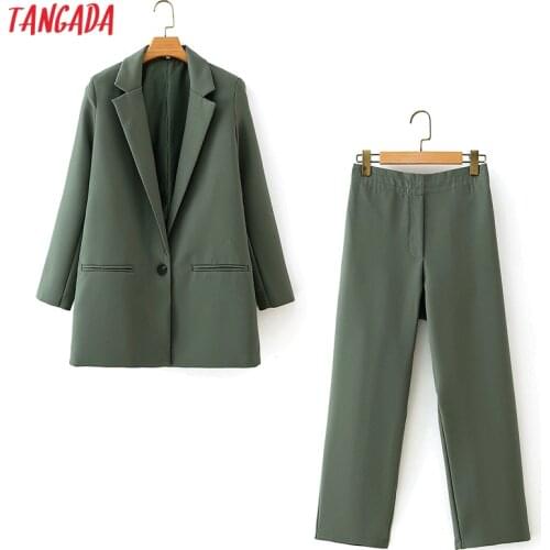 Tangada 2020 womens set gray green casual blazer suit 2 piece set female notched collar jacket ladies blazer Pants Sets DA109